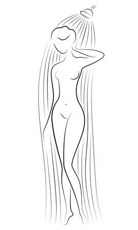 Silhouette of a cute young lady. The girl washes in the shower. The woman has a slim beautiful figure. Vector illustration.のイラスト素材