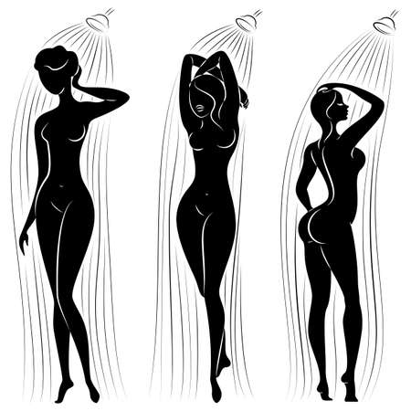 Collection. Silhouette of a cute young lady. The girl washes in the shower. The woman has a slim beautiful figure. Vector illustration set.のイラスト素材