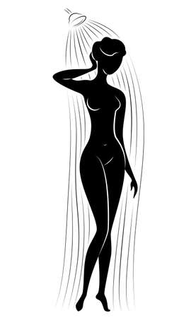 Silhouette of a cute young lady. The girl washes in the shower. The woman has a slim beautiful figure. Vector illustration.のイラスト素材