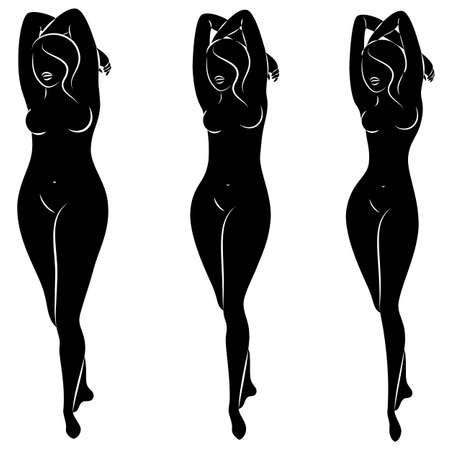 Collection. Silhouette of a beautiful woman figure. The girl is thin, slender and the woman is fat. The lady is standing. Set of vector illustrations.のイラスト素材