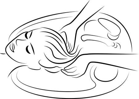 The main profile of a beautiful lady. The girl in the beauty salon. Woman washes her hair with water in the hairdresser s car wash. Vector illustration.のイラスト素材