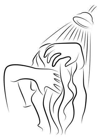 Silhouette of a beautiful young lady. The girl washes under the shower water. A woman washes her hair, her head with shampoo. Vector illustration.のイラスト素材