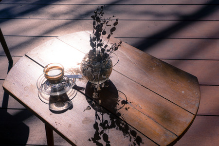Eucalyptus and coffee on the wood tableの写真素材