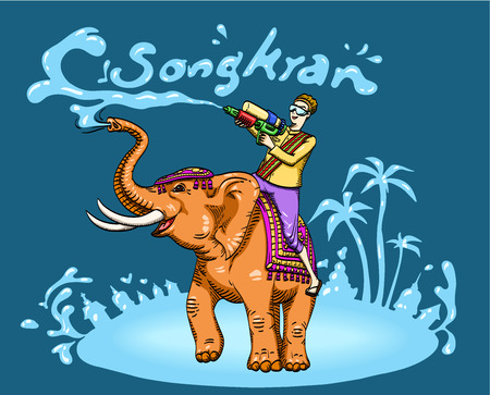 Songkran festival with elephant and happy tourist throwing water on blue wall background - Vector illustrationのイラスト素材