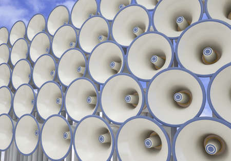 Array of megaphones on blue backgroundの写真素材