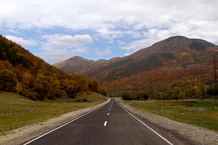 Highway in the valley of the mountains covered by autumn forestの写真素材