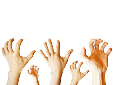 raised human hands isolated on white background    の写真素材