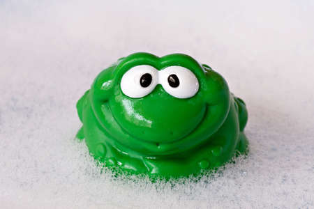 green funny frog in a bath foam