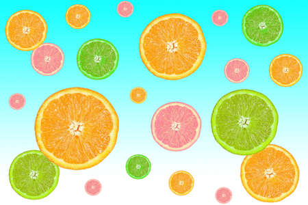  colorful slices of citrus fruits on a blue background