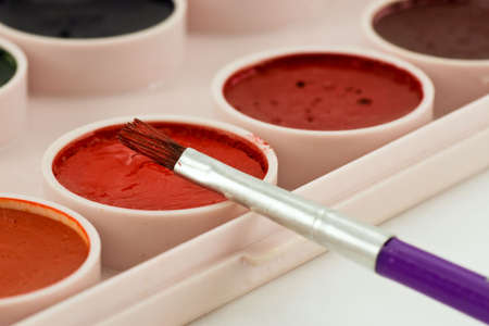 close-up of paintbrush on watercolor paint tray の写真素材