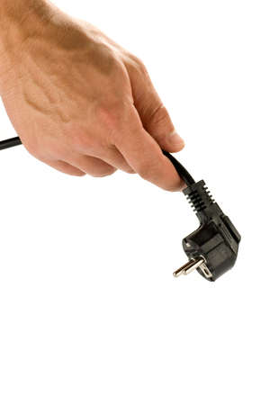 Hand with plug isolated on white backgroundの写真素材
