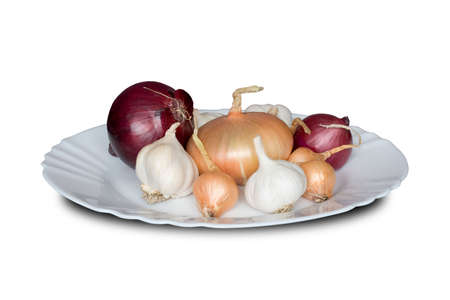 plate with onions isolated on white backgroundの写真素材