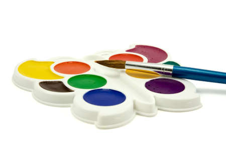 Watercolor paint with brush on white backgroundの写真素材