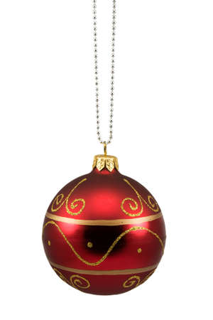 red hung christmas bauble isolated on white backgroundの写真素材