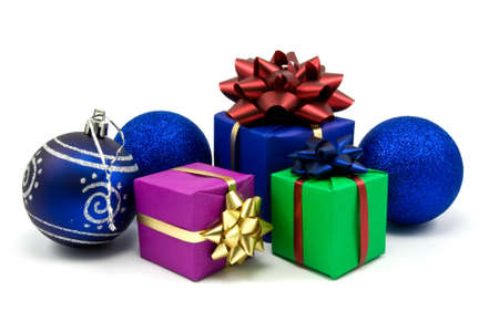 christmas baubles and gifts boxes on white background
