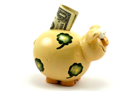 piggy bank with one dollar. isolated on whiteの写真素材
