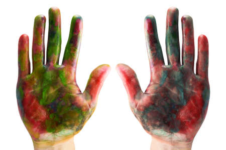 two painted hands isolated on white backgroundの写真素材