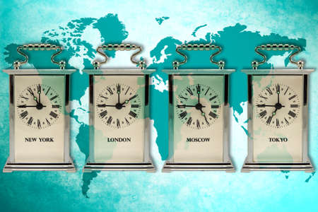 business travel concept. Timezone clocks showing different time の写真素材