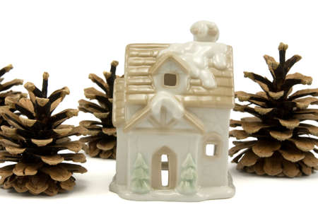 christmas  house and pine cones isolated on white