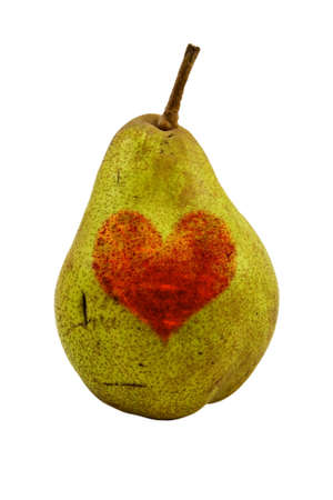 green pear with a red heart shape. Isolated on whiteの写真素材