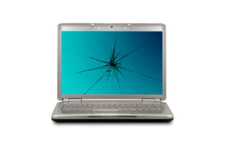 Computer with damaged  screen. Isolated on white background