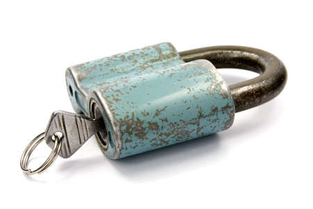 blue padlock with  key over a white background