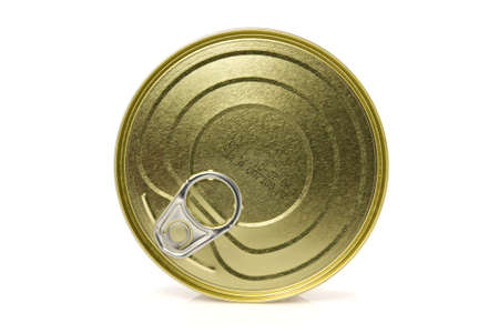 closed gold metal tin isolated on white background の写真素材