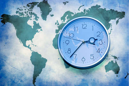 Abstract business background. world map with wall clockの写真素材