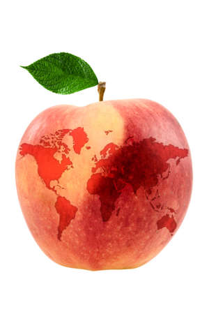 red apple with world map isolated on white backgroundの写真素材