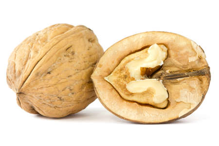 close up of a dried walnuts on white background