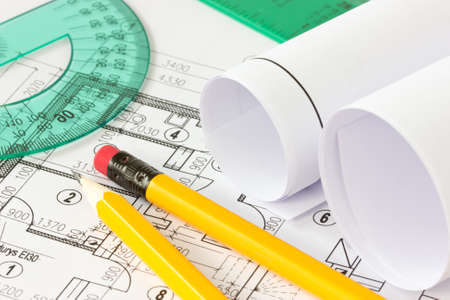 Part of architectural project with pencils and rulersの写真素材