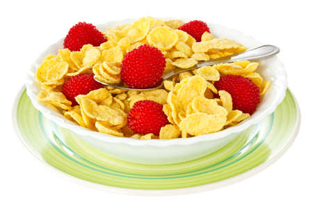 Bowl of corn flakes with berries. Isolated on white backgroundの写真素材