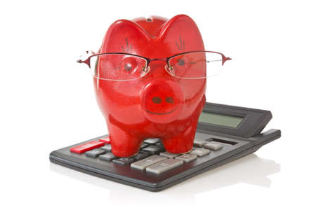 calculator and piggy-bank with glasses  on white background の写真素材