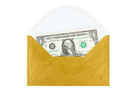 Golden envelope with dollar isolated on white background.