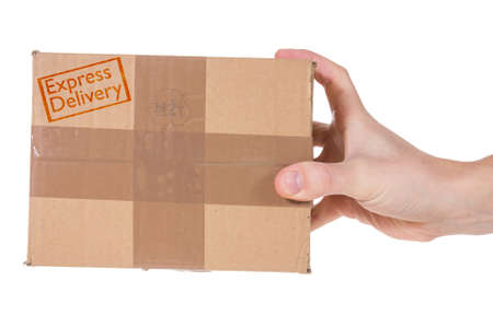 Express Delivery. Hand with package parcel isolated on white background.