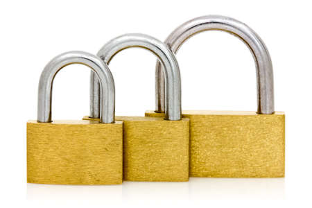 Three padlocks of different size in a row on white background