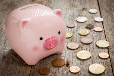 Piggy bank and coins on the wooden backgroundの写真素材