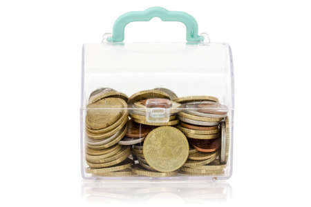 Clear plastic box with coins. Isolated on white background