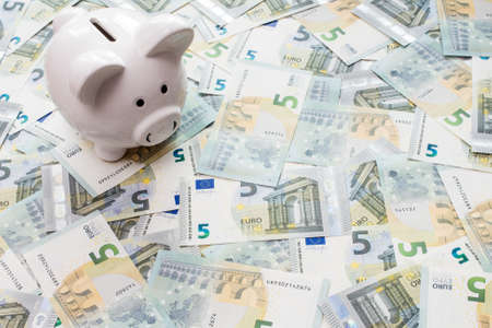 White piggy bank surrounded by five Euro notes