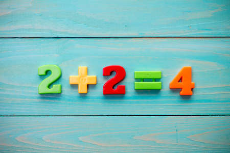 Simple mathematical addition on a wooden surfaceの写真素材