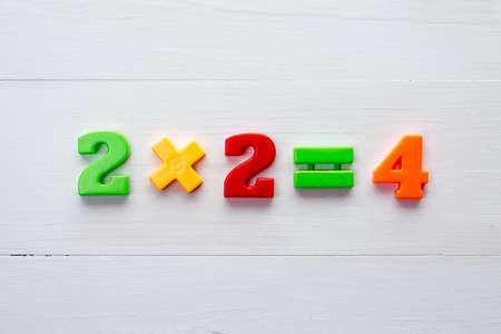 Math example with color numbers  on a white wood backgroundの写真素材