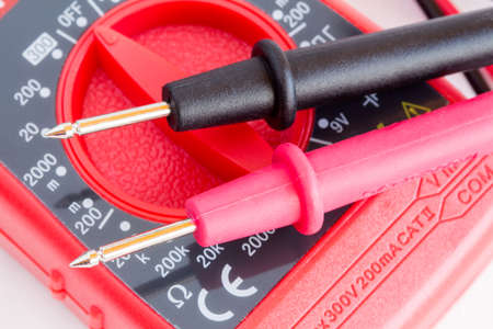 Closeup of digital multimeter  with two probes connectedの写真素材