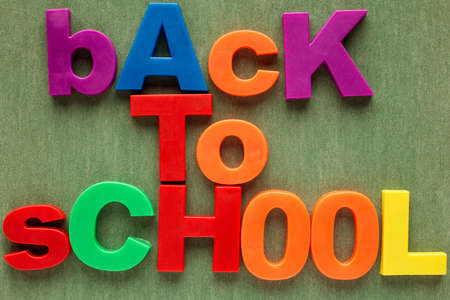 Sentence Back to school in colorful plastic letters over green background