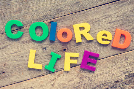 COLORED LIFE spelled out using colored magnetsの写真素材
