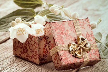 Open gift box and wild flower on a wooden background