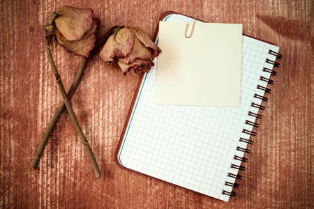 Old roses and notebook with blank sticky noteの写真素材