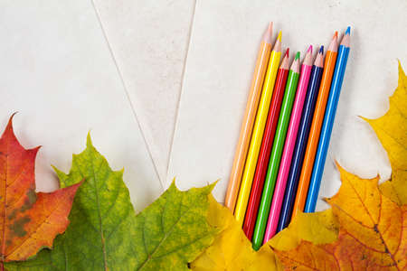 Fall leaves and color pencils on a paper background. Copy-space.