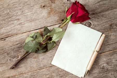 Old red rose and blank paper for your textの写真素材