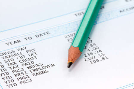 Pencil on the statement of payroll details. Financial accounting concept.
