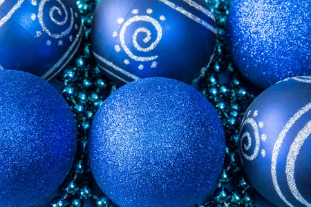 Close up of blue Christmas glass baublesの写真素材
